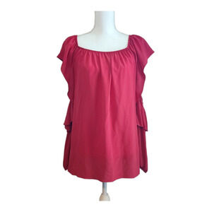 Mika Mindel sz Large Red Silk Style Lynn Ruffle Cold Shoulder 3/4 Sleeve Blouse